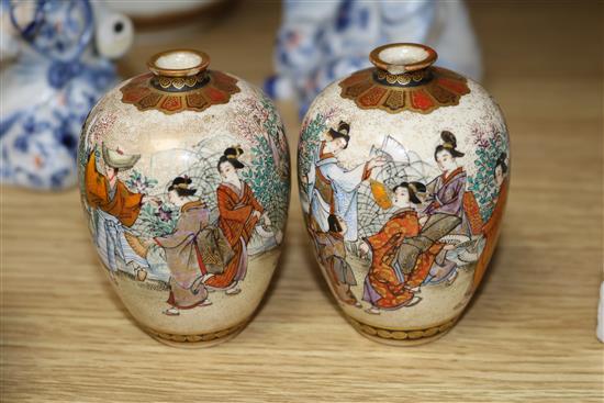 A pair of Satsuma miniature vases, figures, etc.